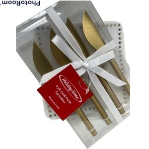 Holiday 4 pack gold finish cheese spreader and Happy Holidays serving dish
